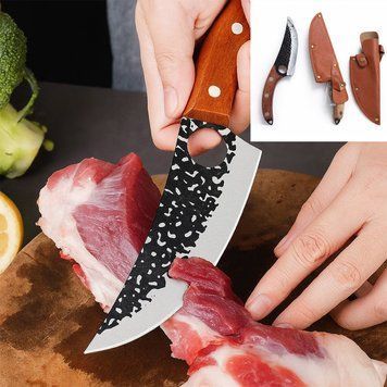 Обвалочный нож для мяса Satori из нержавеющей стали в кожаном чехле с кованым лезвием с деревянной рукояткой 27.5 см Уценка u88206 фото