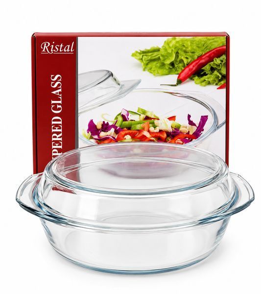 Кастрюля стеклянная жаропрочная Ristal 4 л с крышкой для духовки и микроволновки, круглая, прозрачная 88485 фото