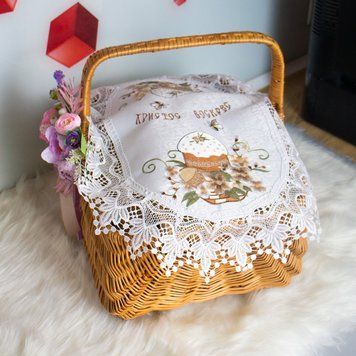 Вишита серветка на пасхальний кошик з ажурним мереживом 40х60 см №31 86074 фото