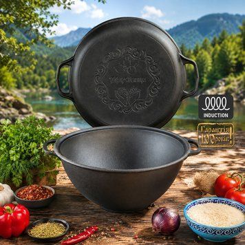 Казан узбецький чавунний WOK з кришкою-сковородою 12 л чавунний Maysternya підходить для індукційних плит 88585 фото